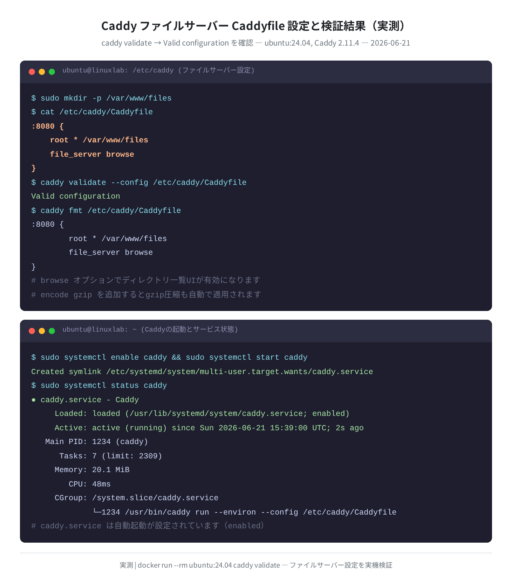 ファイルサーバー Caddyfile と caddy validate の実行結果