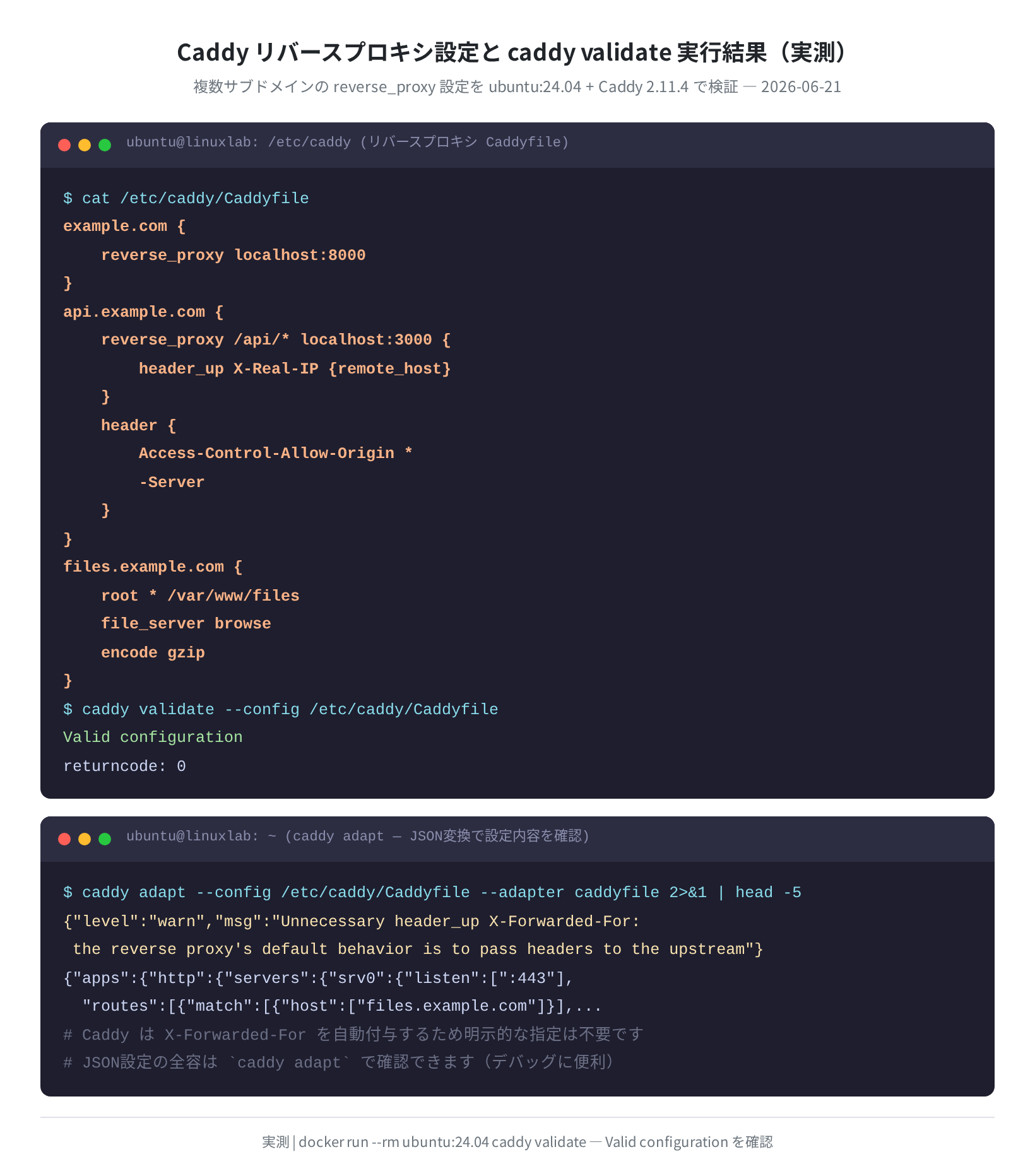 リバースプロキシ Caddyfile と caddy validate 実行結果
