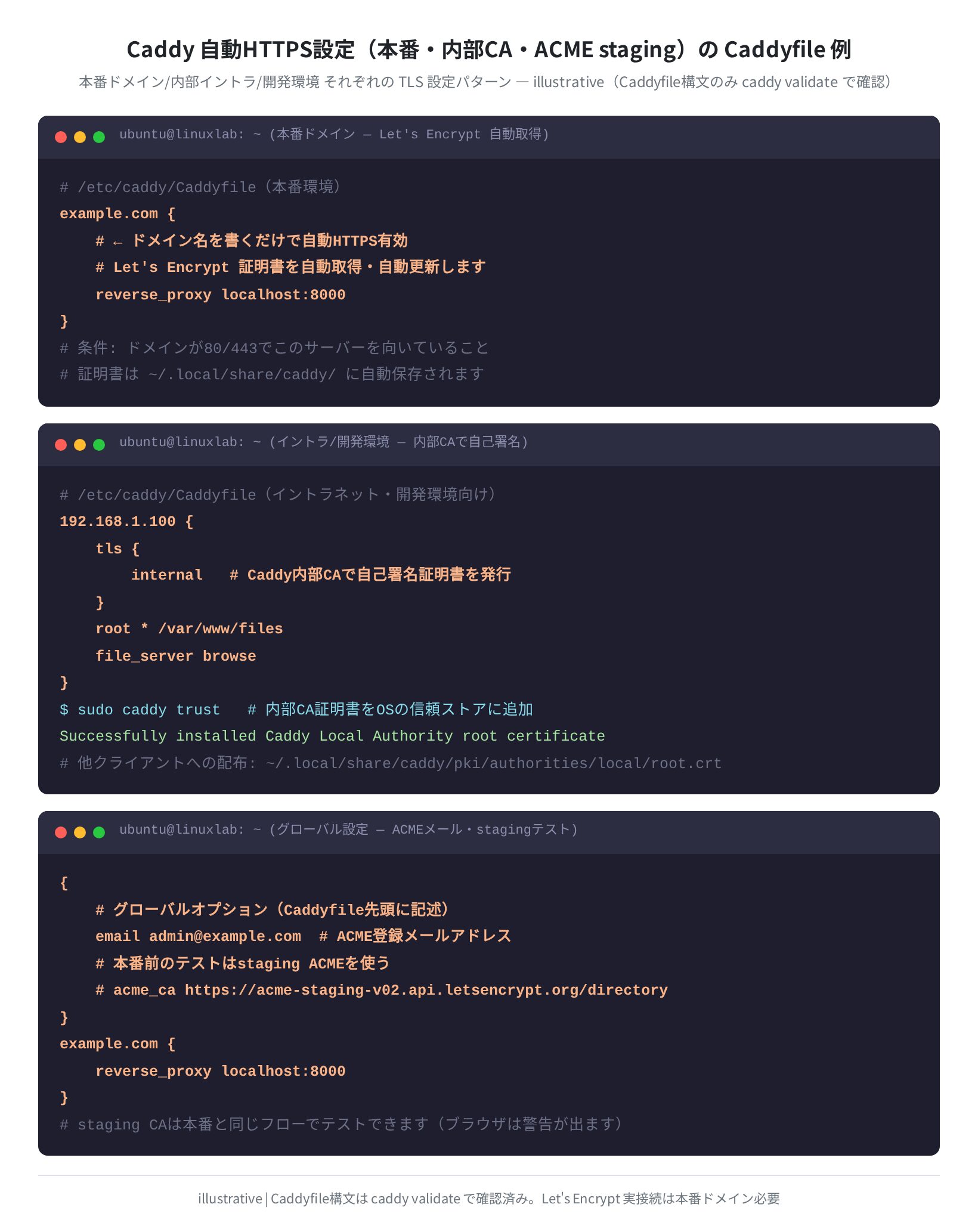 自動HTTPS設定パターン(本番・内部CA・staging)