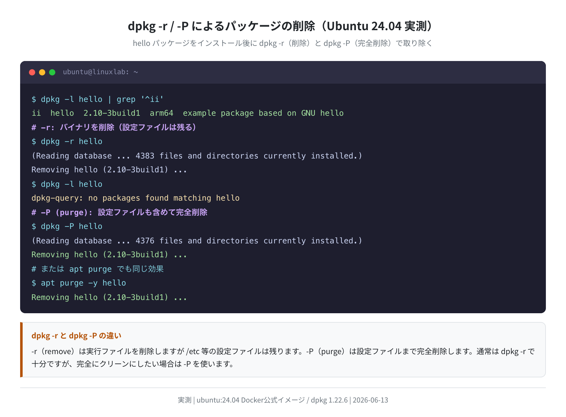 dpkg -r / -P によるパッケージの削除（Ubuntu 24.04 実測）