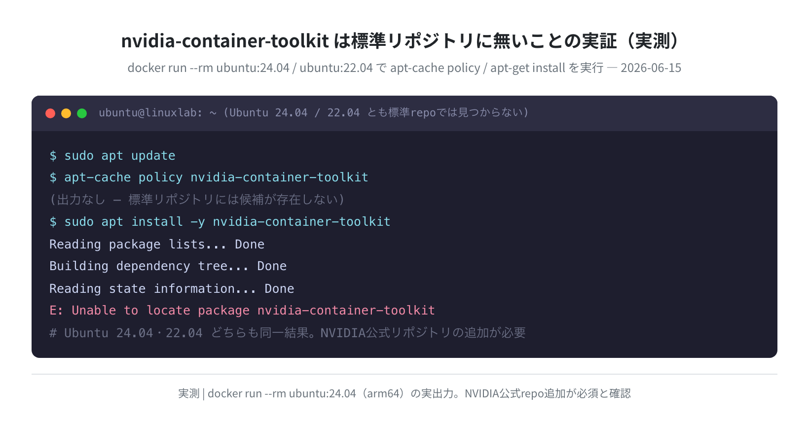 nvidia-container-toolkitが標準リポジトリに無いことの実証（実測）