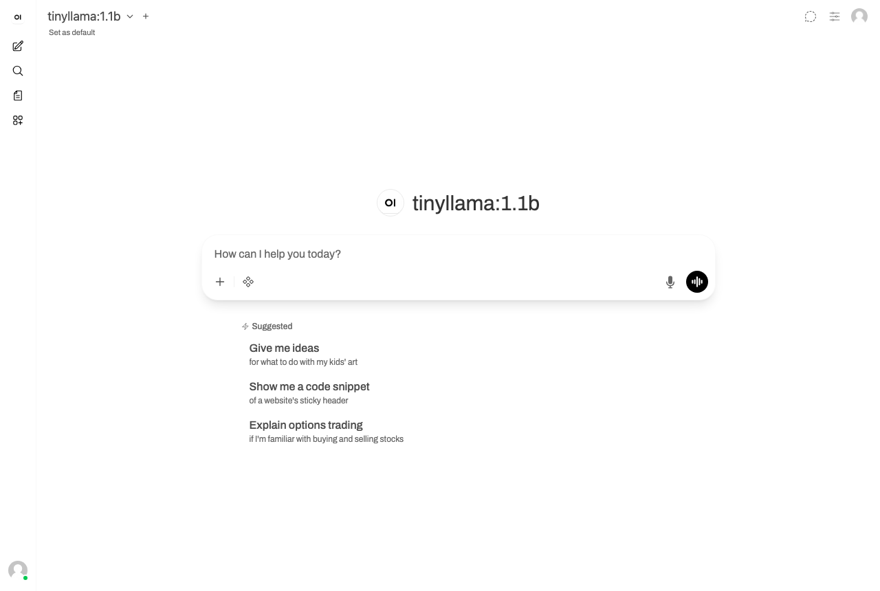 Open WebUI メインチャット画面（tinyllama:1.1b 選択済み・Playwright 実撮影）