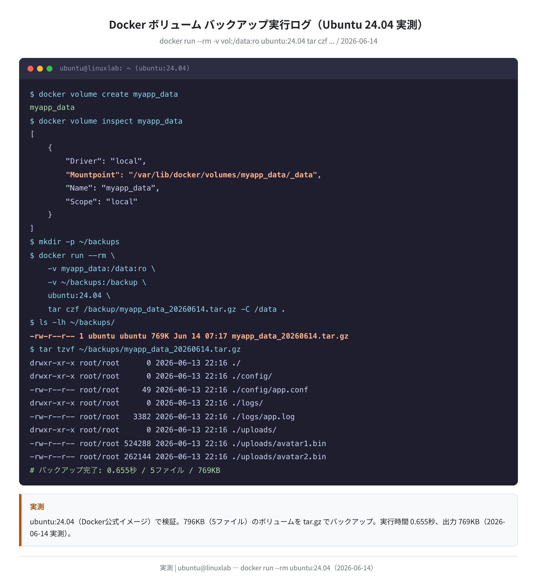 Dockerボリュームバックアップ実行ログ（実測）