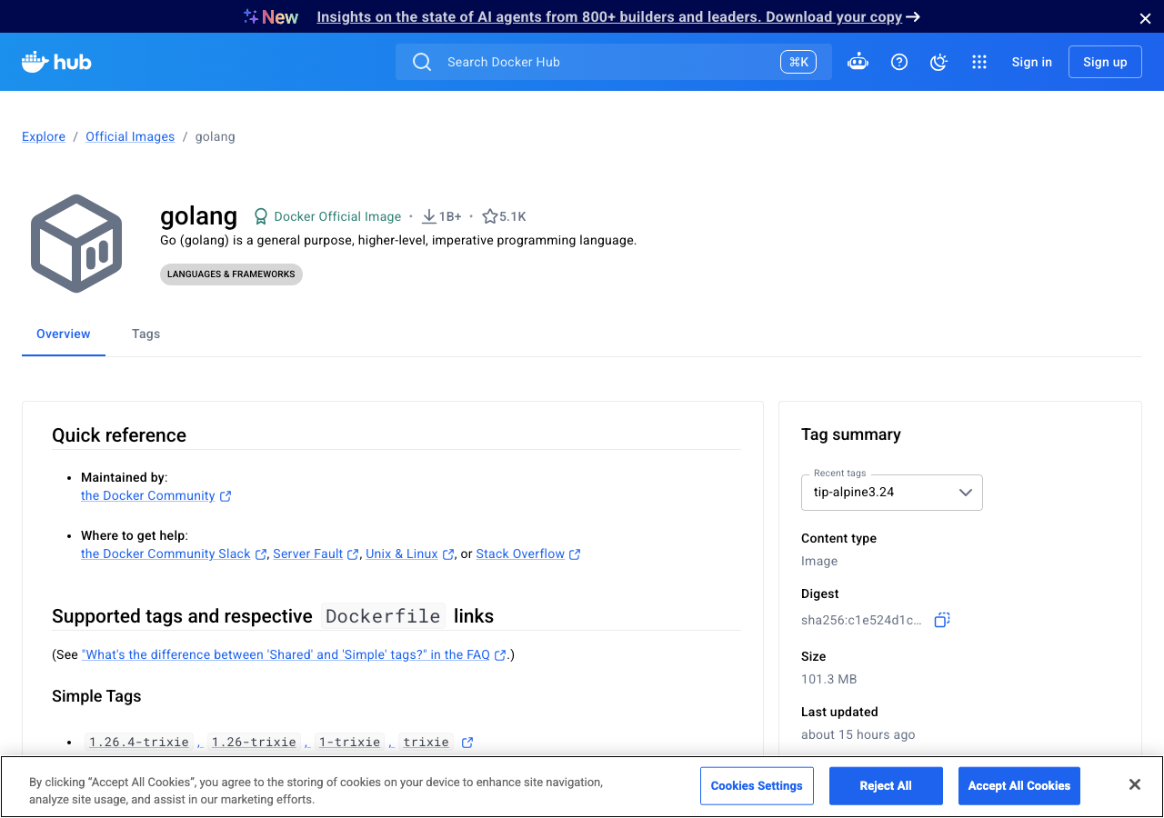 Docker Hub golang イメージ公式ページ(Playwright実撮影)