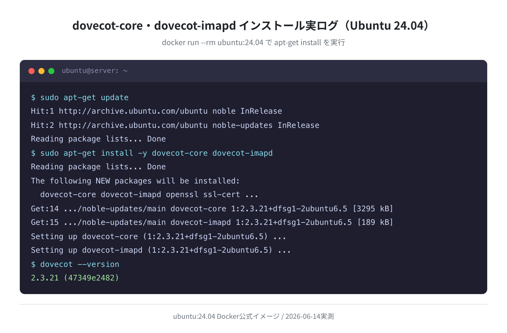 Dovecotインストール実ログ(ubuntu:24.04で実測・2026-06-14)