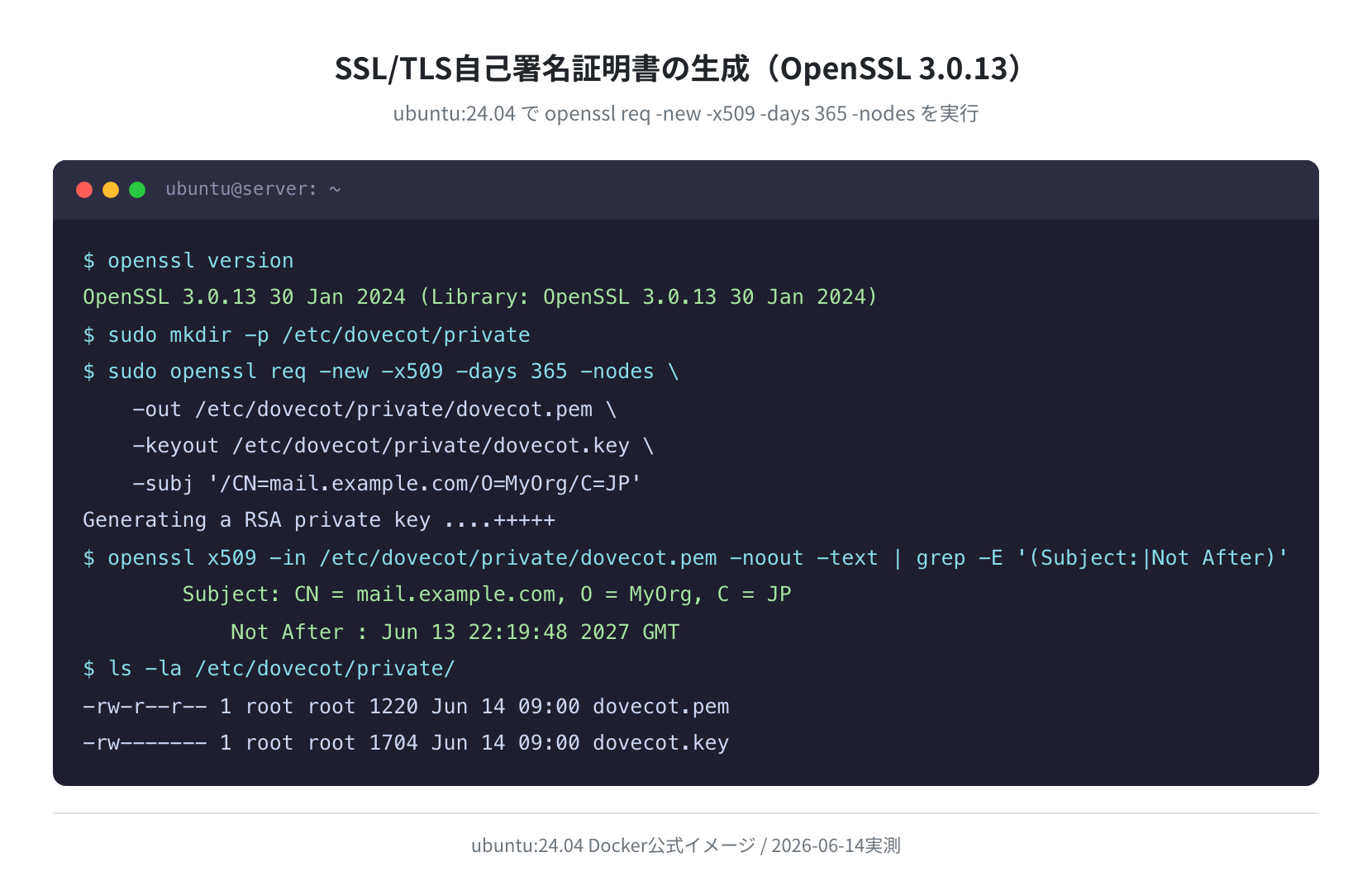 SSL/TLS自己署名証明書の生成実ログ(OpenSSL 3.0.13、ubuntu:24.04実測)