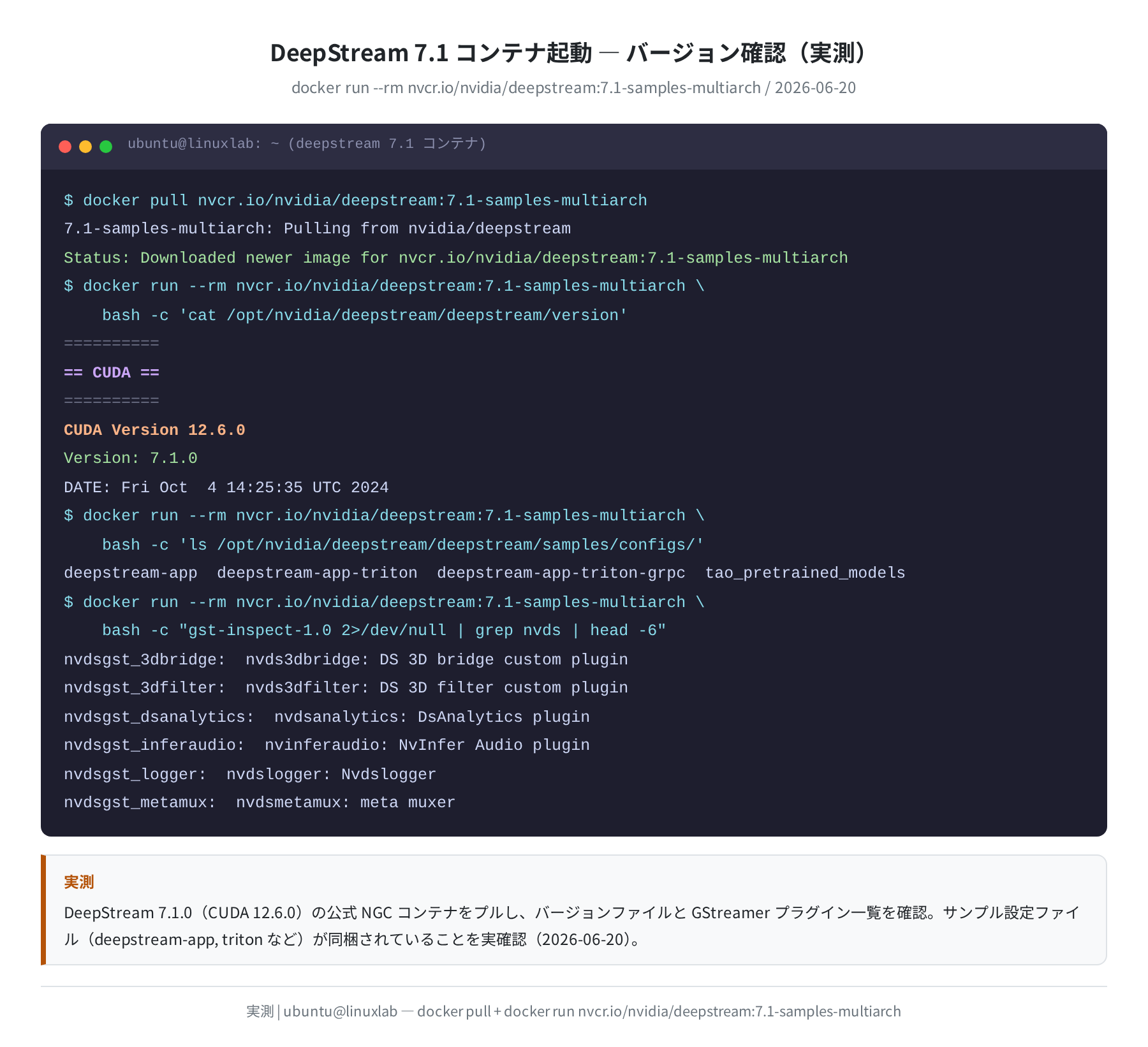 DeepStream 7.1 コンテナ起動・バージョン確認(実測)