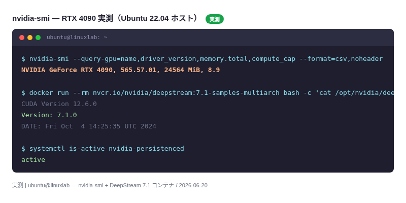 nvidia-smi + DeepStream 7.1 バージョン確認(Playwright実撮影)