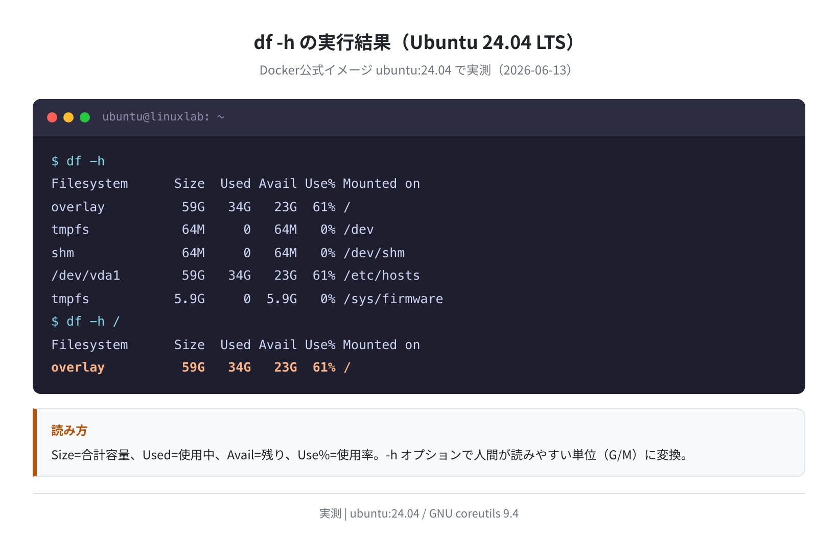 df -h の実行結果(Ubuntu 24.04 LTS・実測)