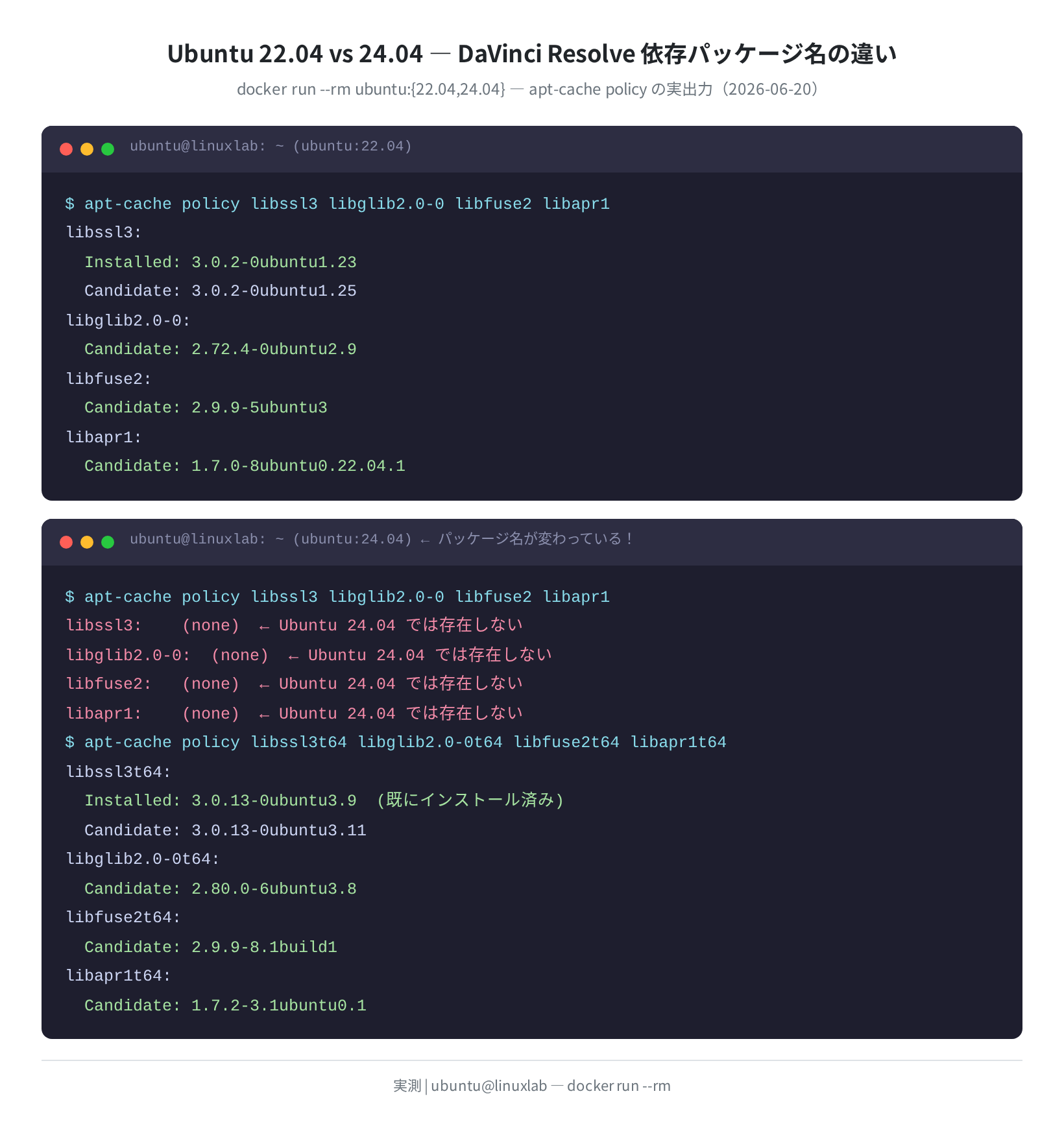 Ubuntu 22.04 vs 24.04 パッケージ名比較(実測)
