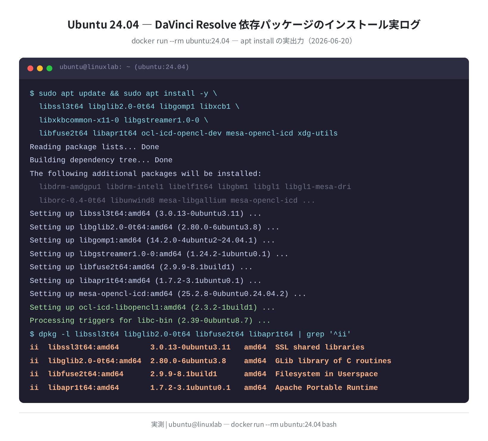 Ubuntu 24.04 依存パッケージインストール実ログ(実測)