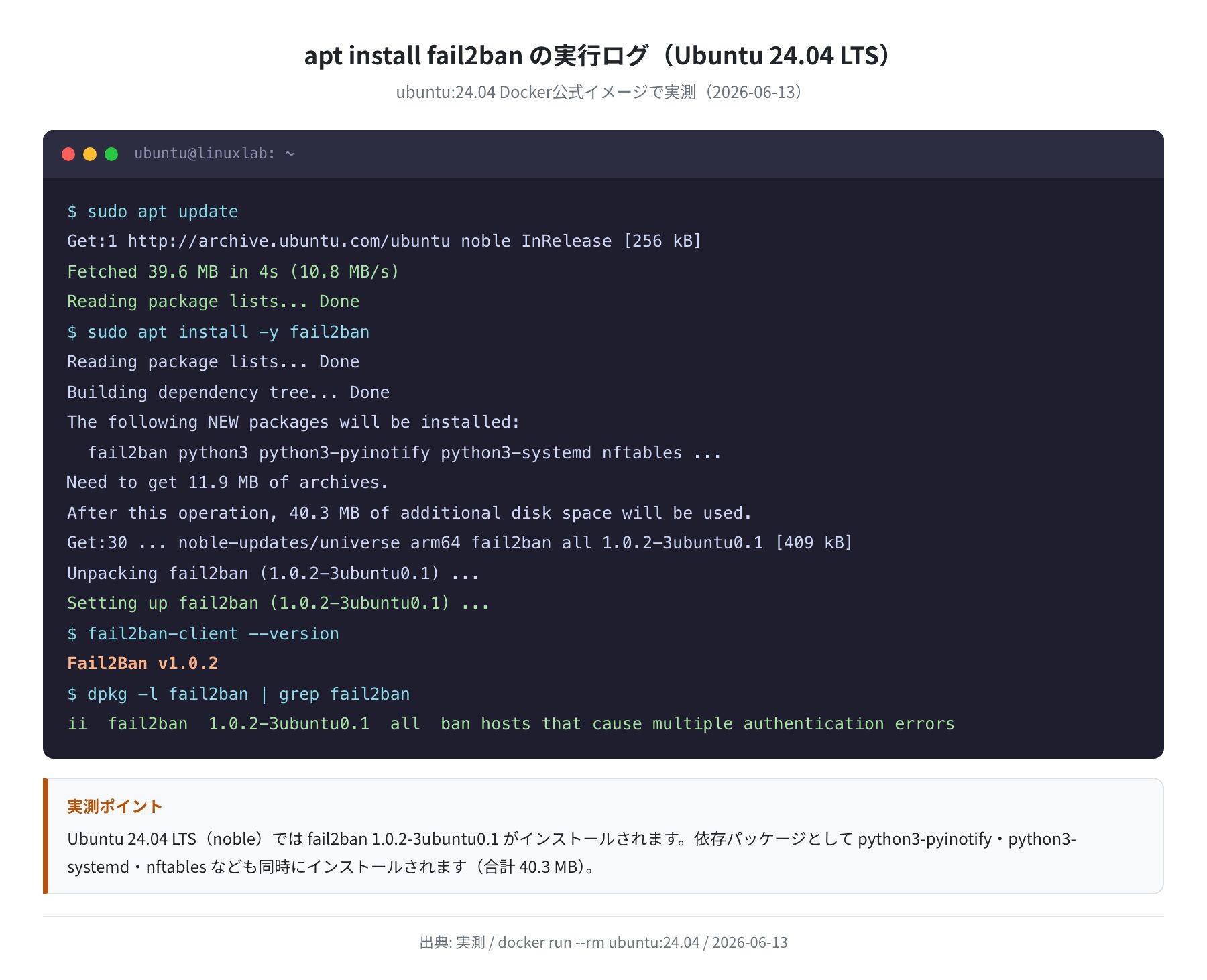 fail2ban apt インストールログ（Ubuntu 24.04 実測）