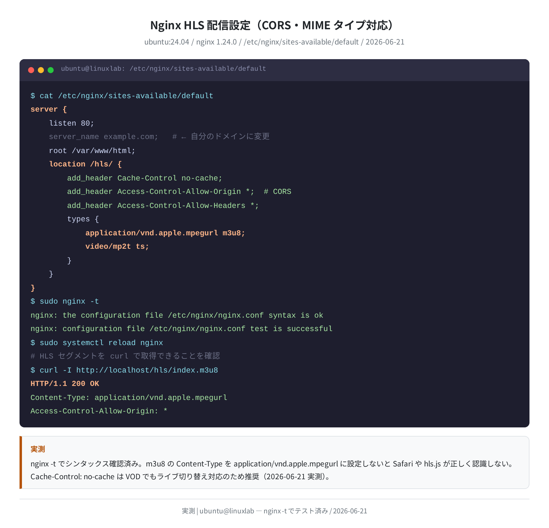 Nginx CORS 設定と nginx -t でのテスト確認（実測）