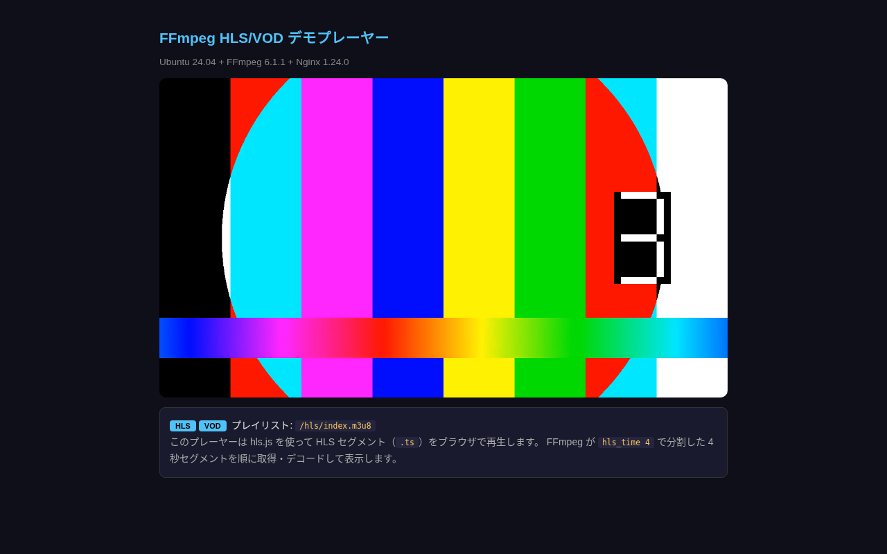 hls.js を使った HLS プレーヤーのブラウザ画面（Ubuntu 24.04 + FFmpeg 生成コンテンツ）