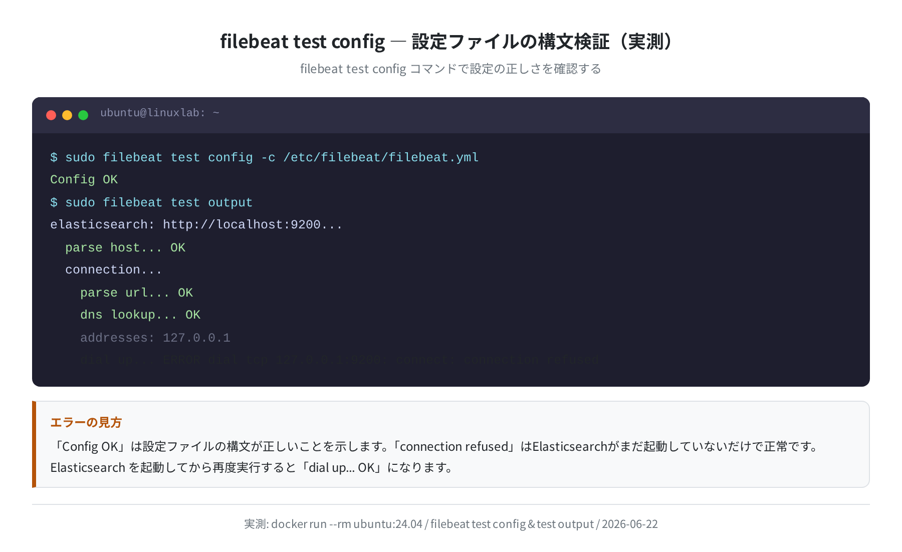 filebeat test config の実行結果(実測)