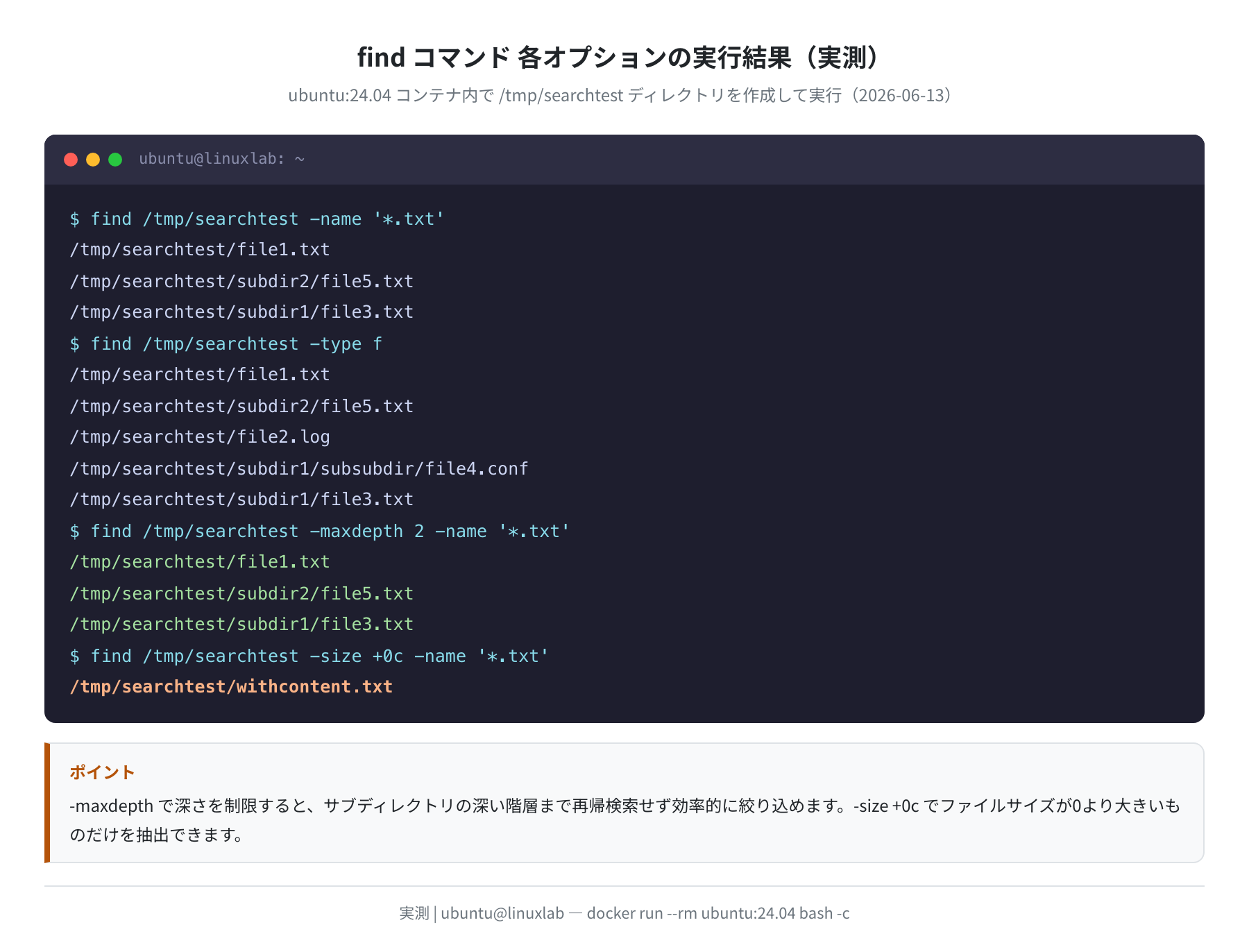 find コマンド各オプションの実行結果（実測）