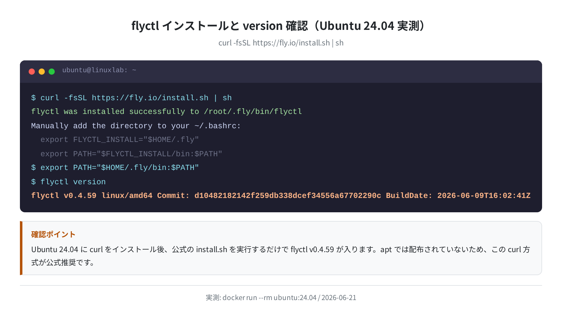 flyctl インストールと version 確認（Ubuntu 24.04 実測）