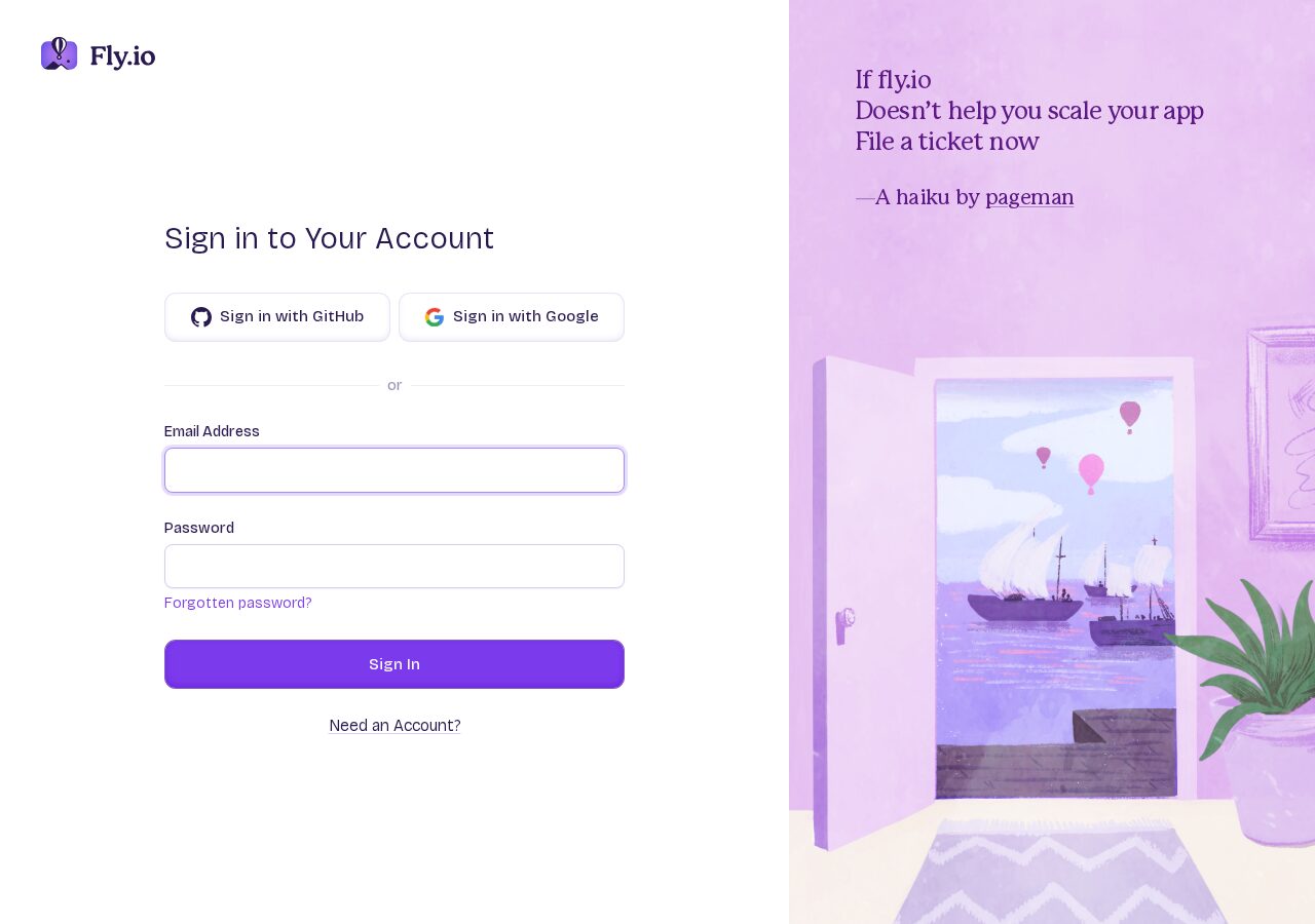 Fly.io サインインページ（2026年6月撮影）