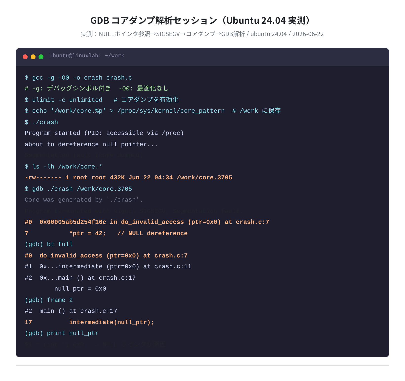 GDB コアダンプ解析セッション詳細(実測)