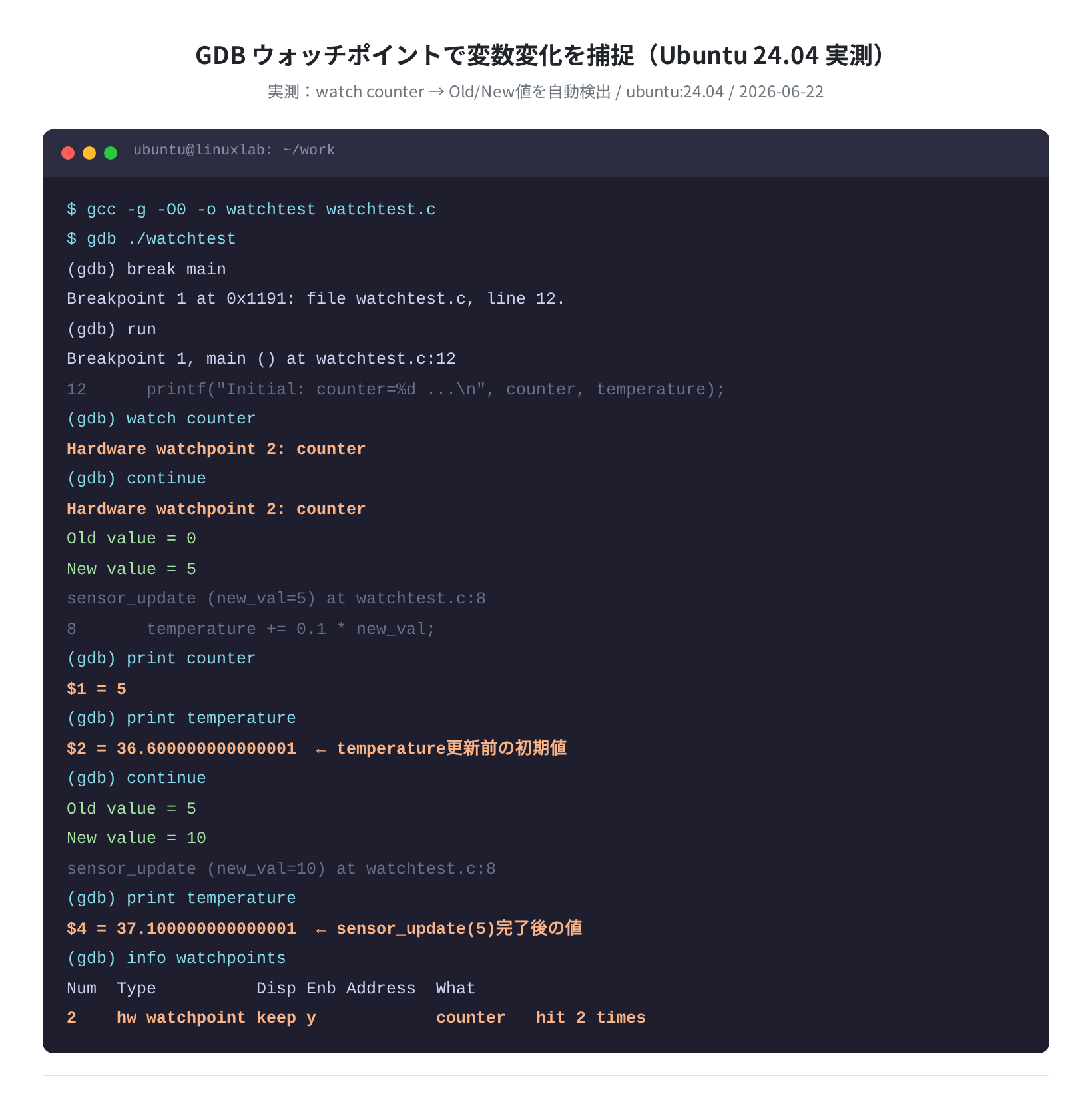 GDB ウォッチポイントで変数変化を捕捉(実測)