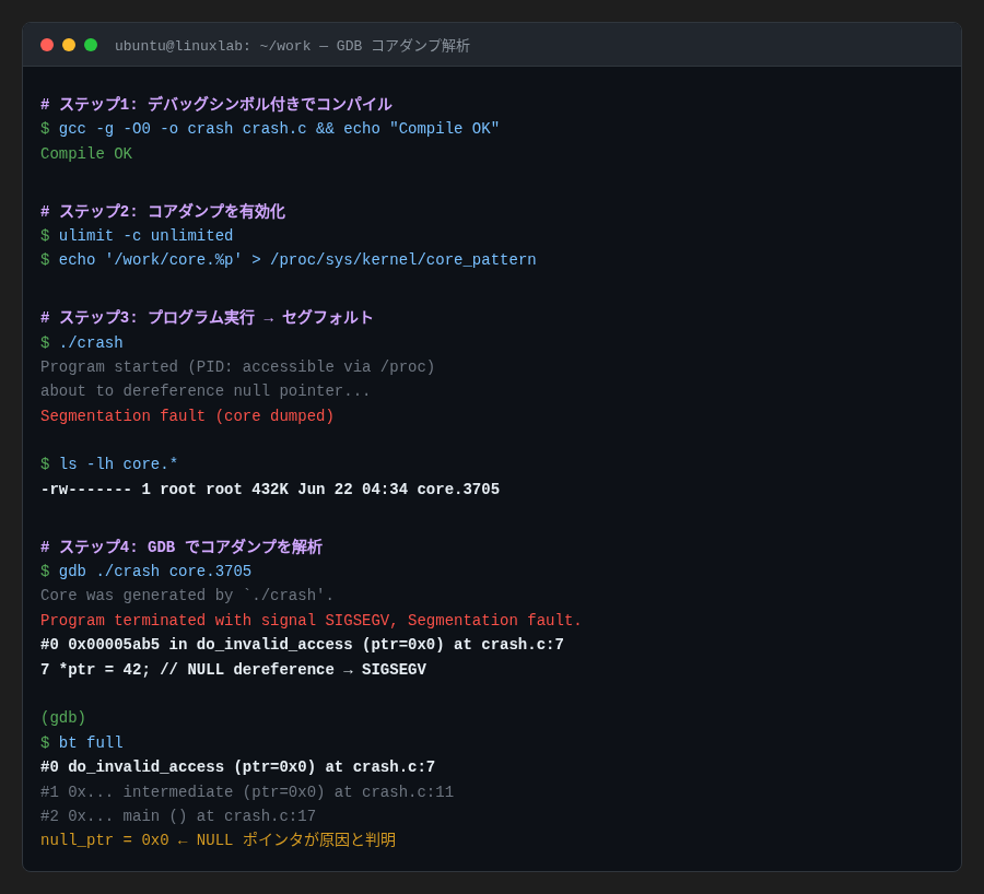GDBコアダンプ解析セッション(ubuntu:24.04 実測)
