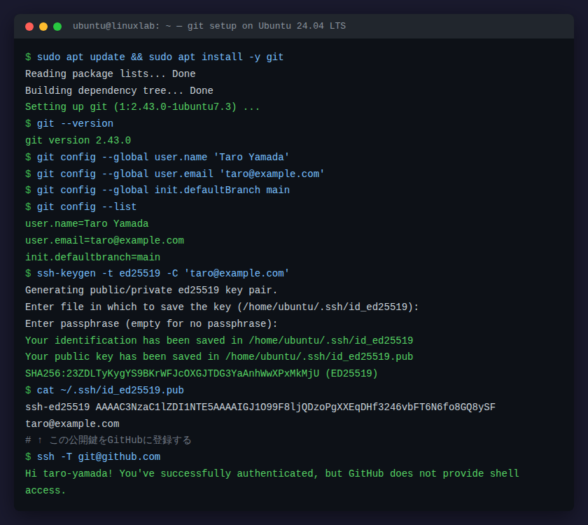 Git インストール〜SSH鍵登録までの全手順をまとめた端末セッション