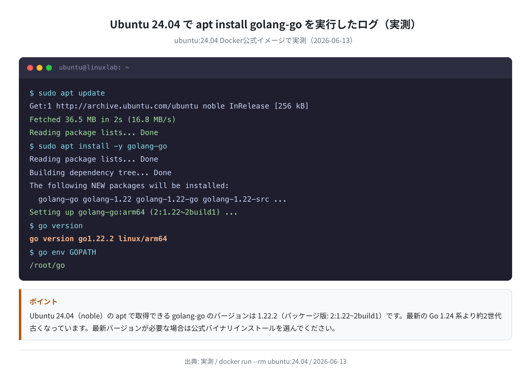 apt install golang-go の実行ログ(Ubuntu 24.04 実測)