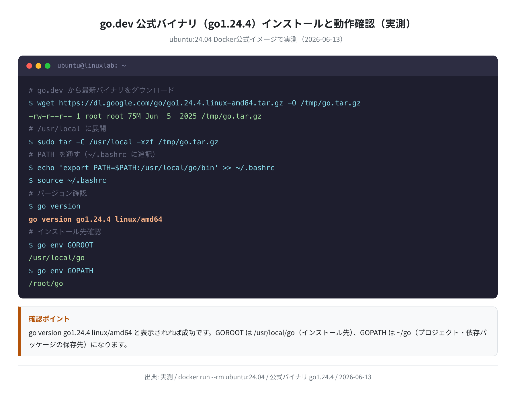 公式バイナリ go1.24.4 インストールと go version 確認(実測)