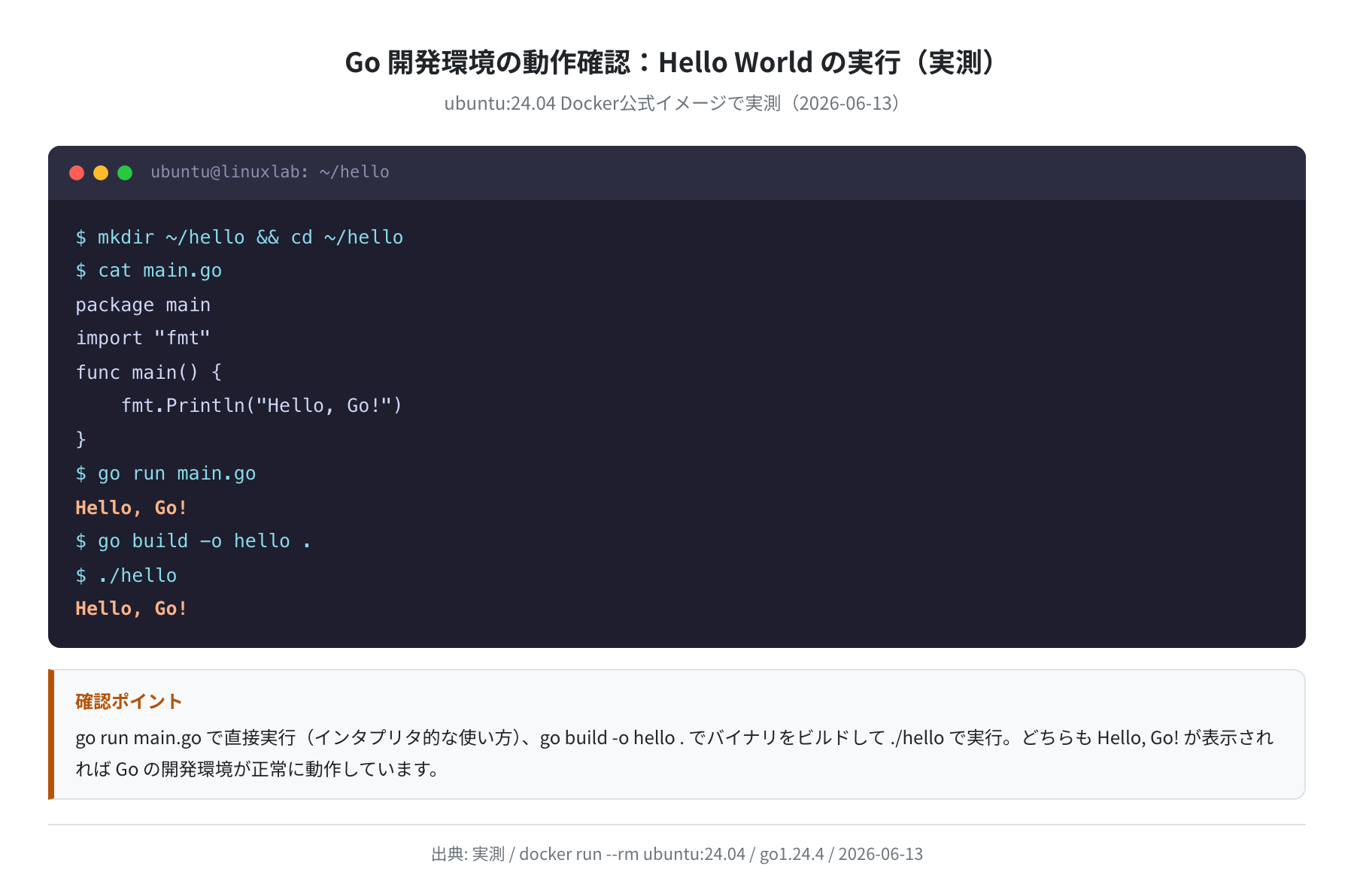 Hello World の実行確認(go run と go build、実測)