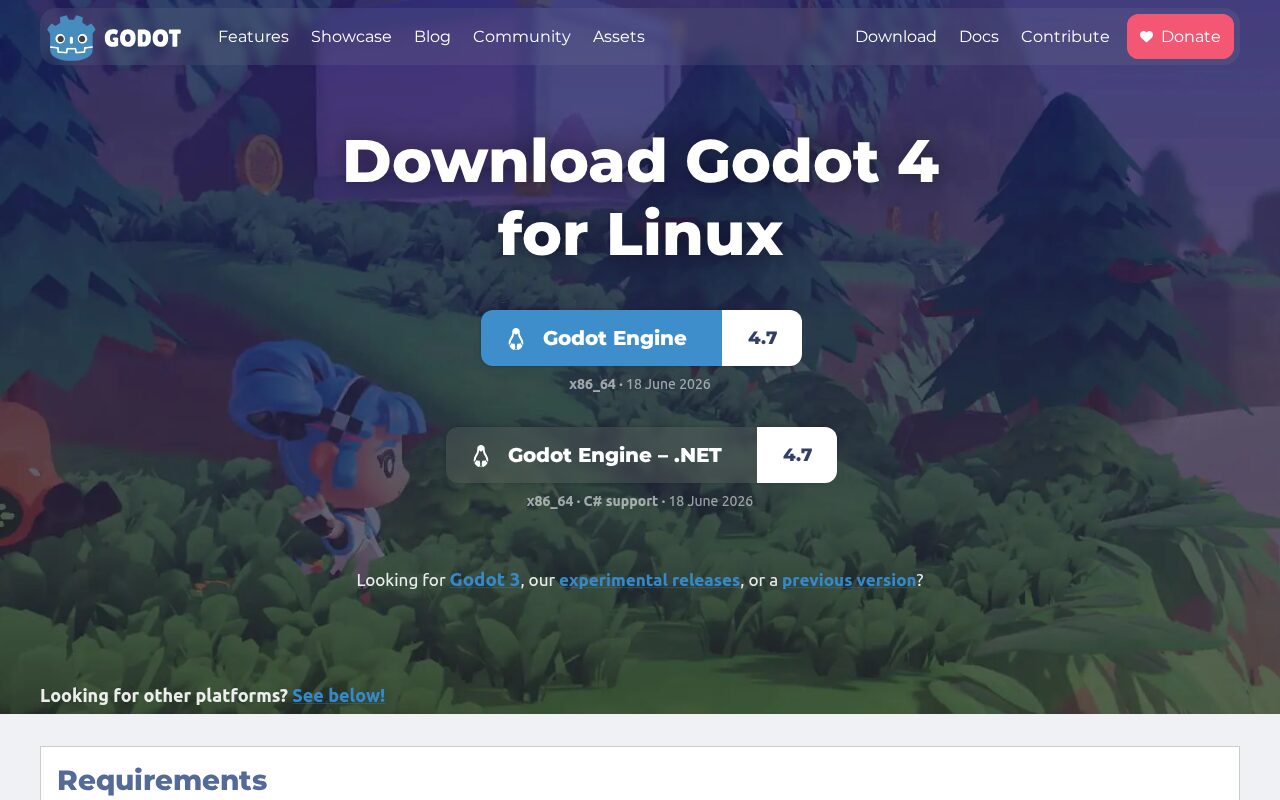 Godot公式サイトのLinux向けダウンロードページ
