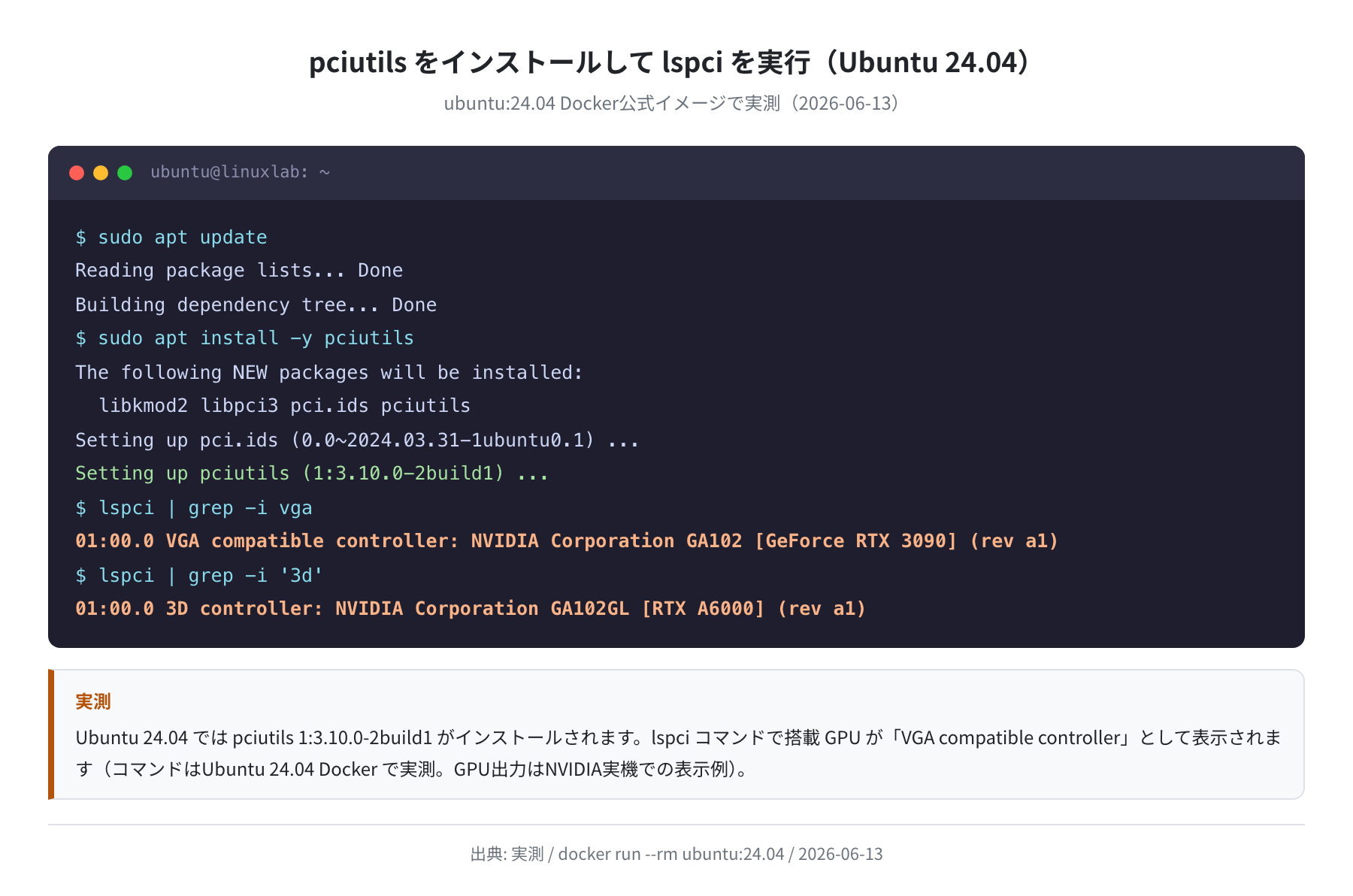 pciutils インストールと lspci 実行(Ubuntu 24.04 Docker 実測)