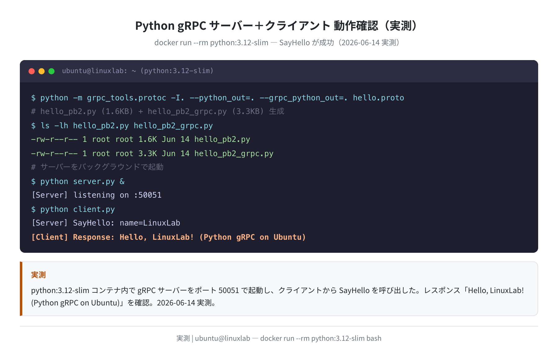 Python gRPC サーバー+クライアント通信 成功（実測）