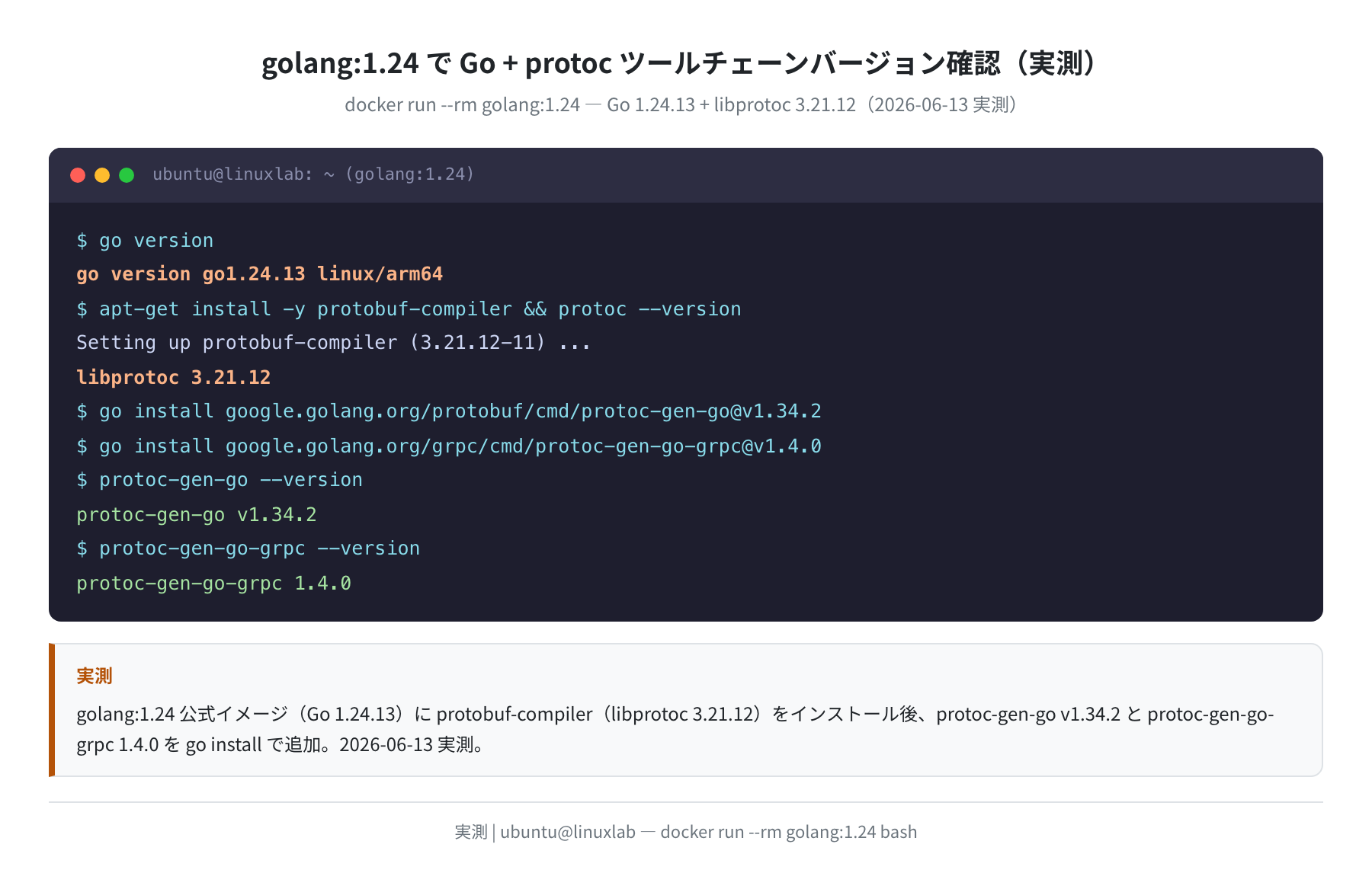 golang:1.24 で Go 1.24.13 + protoc 3.21.12 確認（実測）