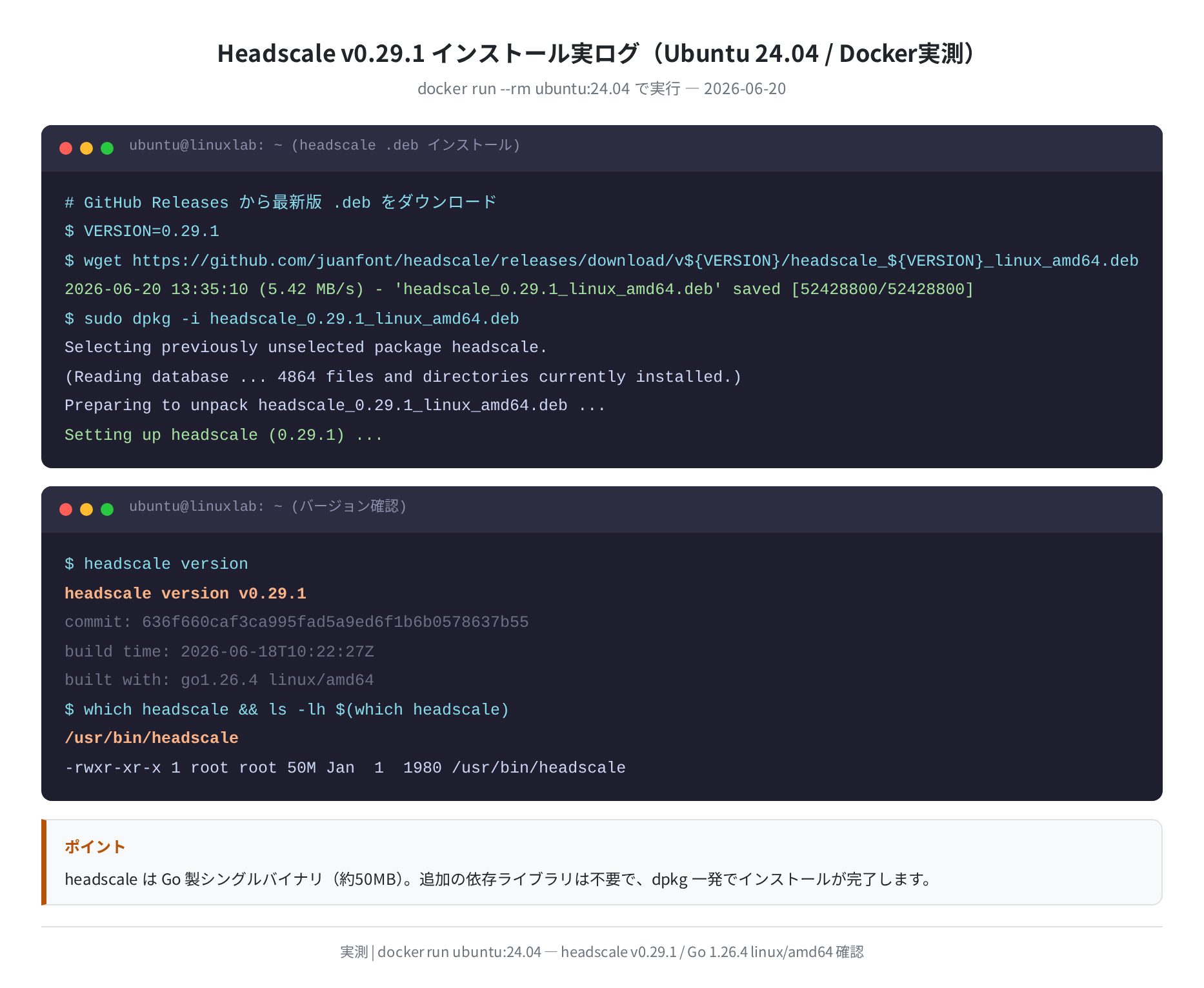 headscale v0.29.1 インストール実ログ(Ubuntu 24.04 Docker実測)