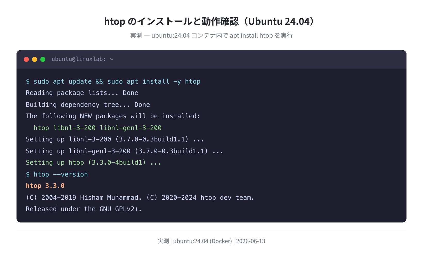 htop インストールと動作確認(Ubuntu 24.04 実測)