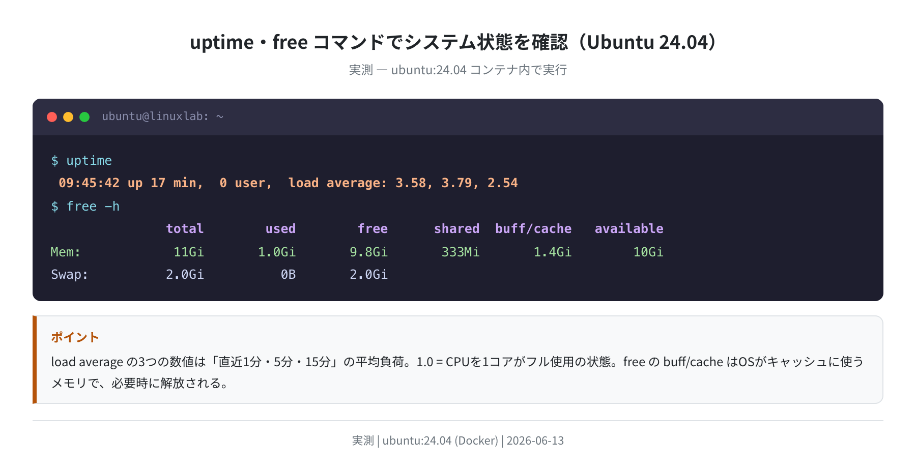 uptime・free コマンドの実出力(Ubuntu 24.04 実測)