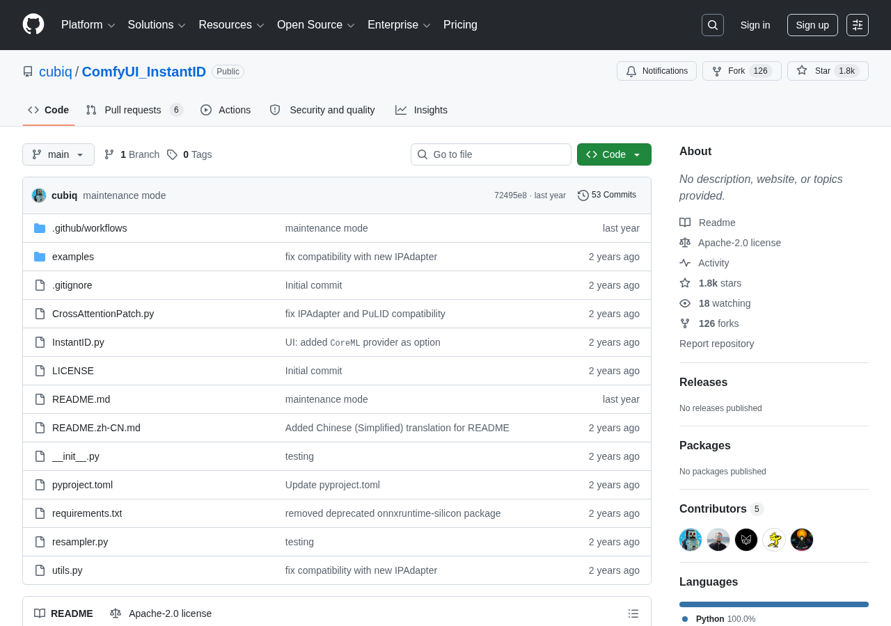 ComfyUI-InstantID GitHub（cubiq/ComfyUI_InstantID）