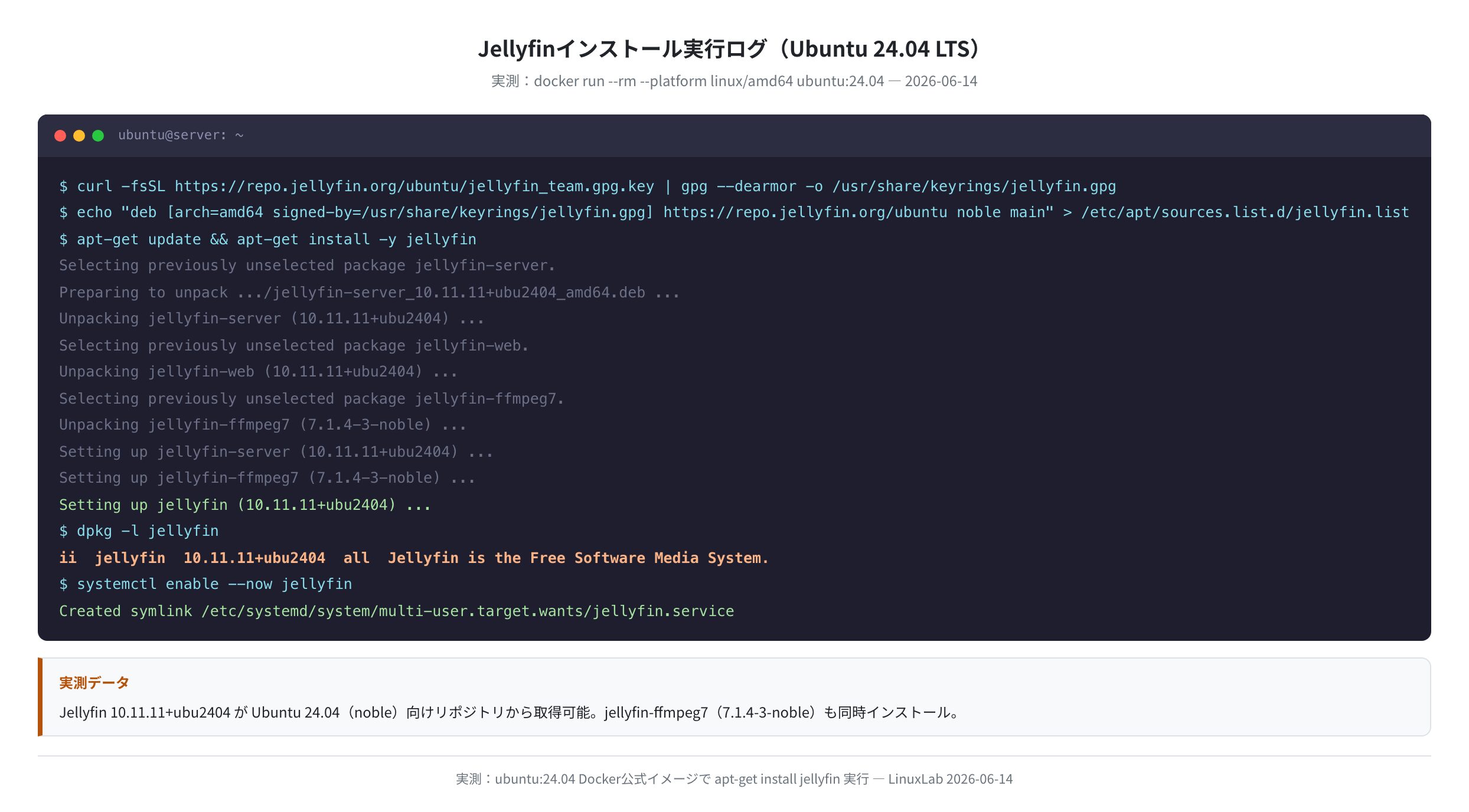 Jellyfinインストール実行ログ(Ubuntu 24.04 LTS)実測
