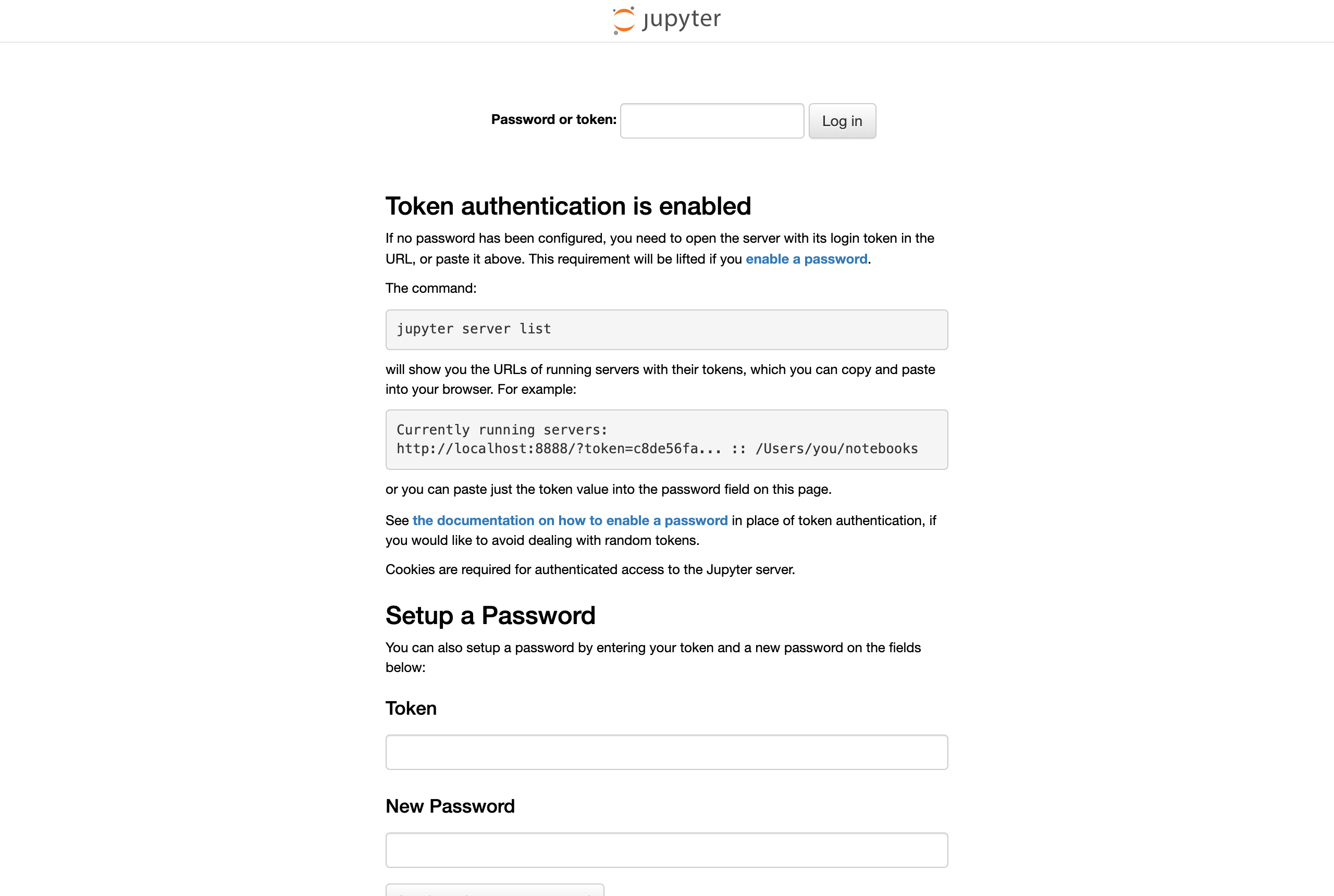 Jupyter のトークン/パスワード入力画面（ログイン画面）