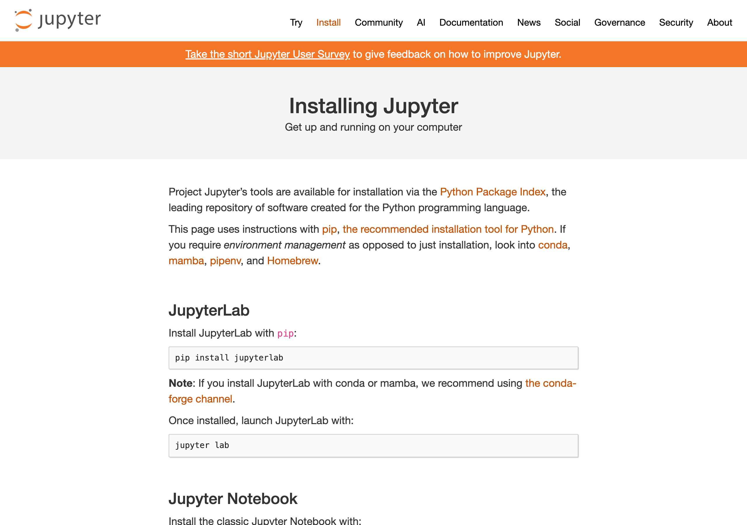 Project Jupyter 公式のインストール手順ページ