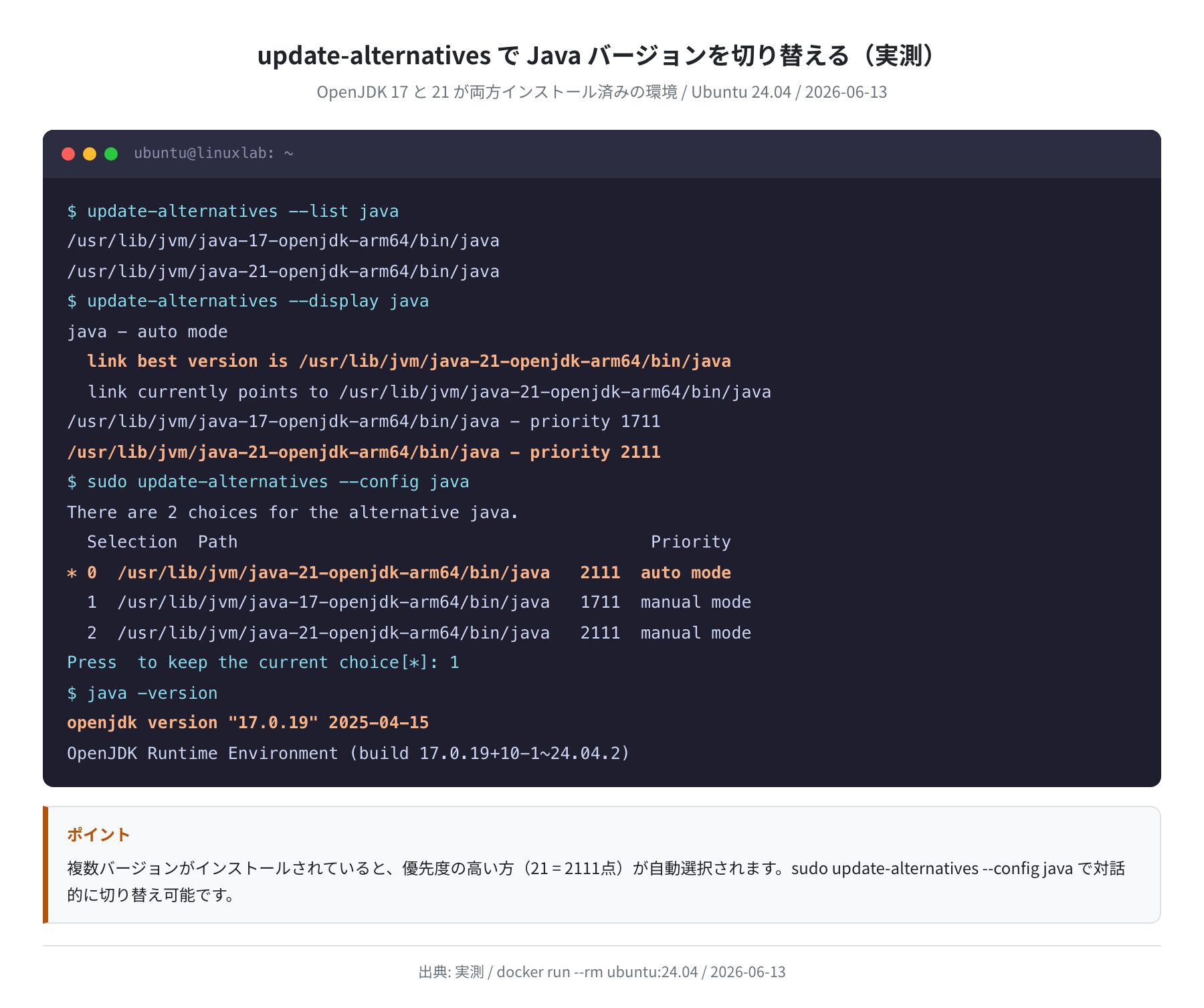 update-alternatives で Java 17/21 を切り替える（Ubuntu 24.04 実測）