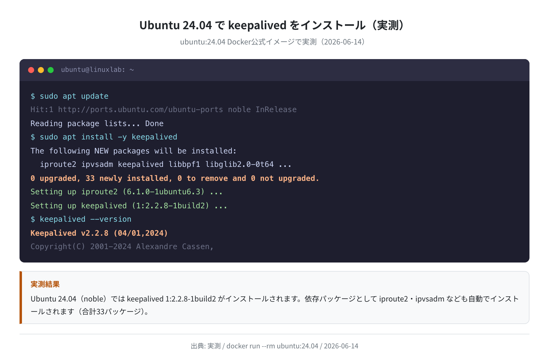 Ubuntu 24.04 で keepalived をインストール（実測）