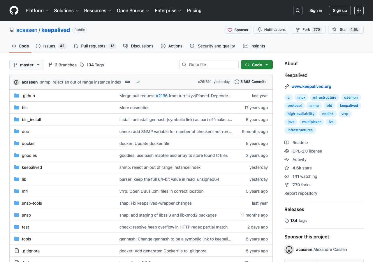 Keepalived GitHub リポジトリ（acassen/keepalived）