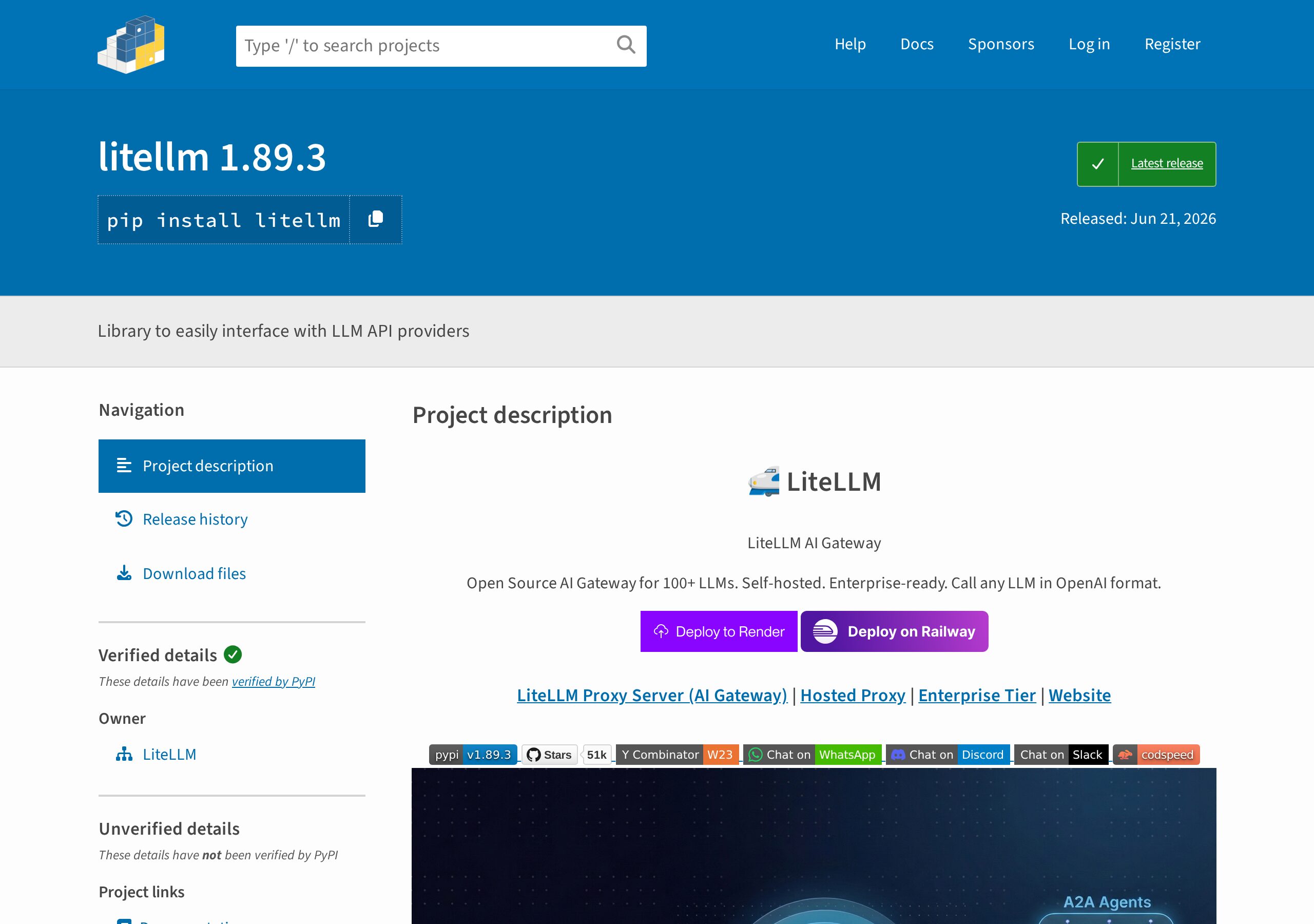 LiteLLM PyPI ページ（pypi.org — Playwright 実撮影）