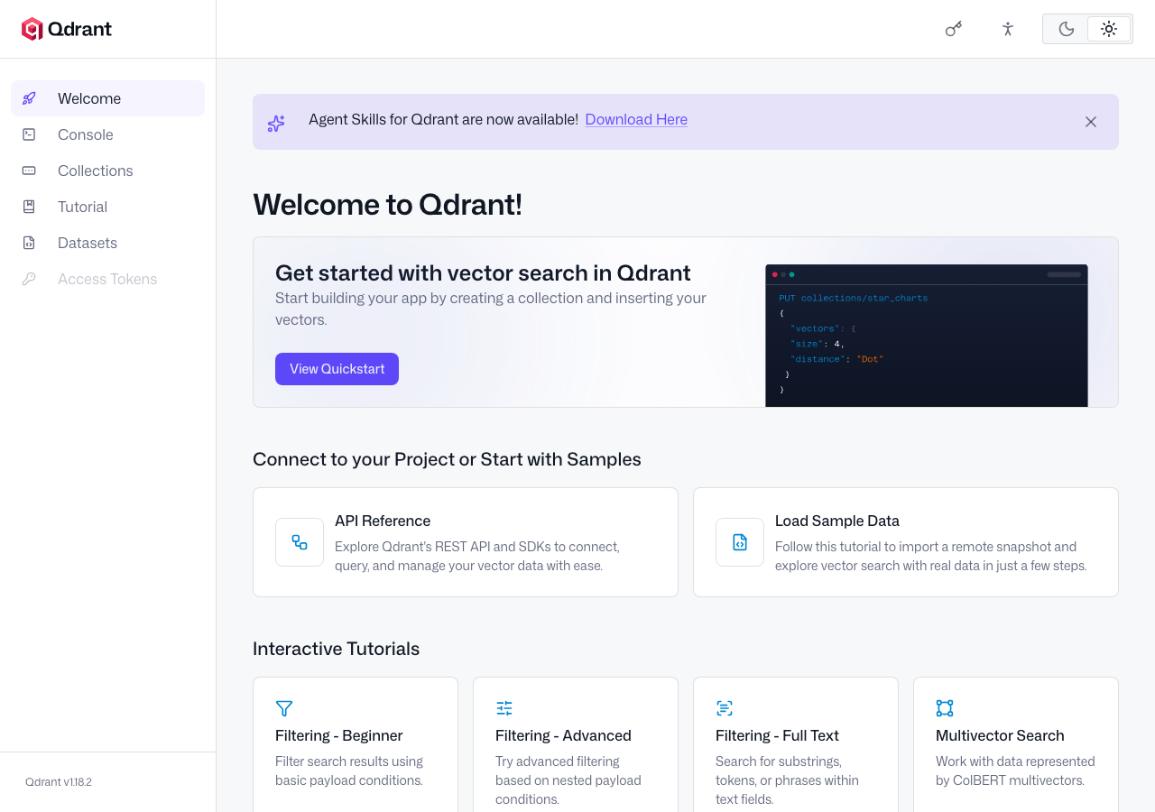Qdrant Web UI のWelcomeランディング画面（Docker で起動・Playwright 実測）