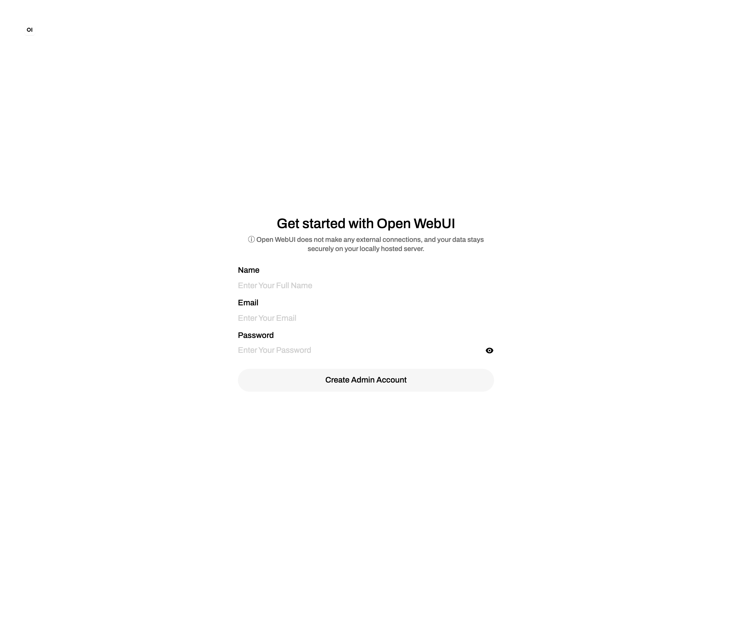 Open WebUI の「Get started / Create Admin Account」画面(Playwright実撮影)