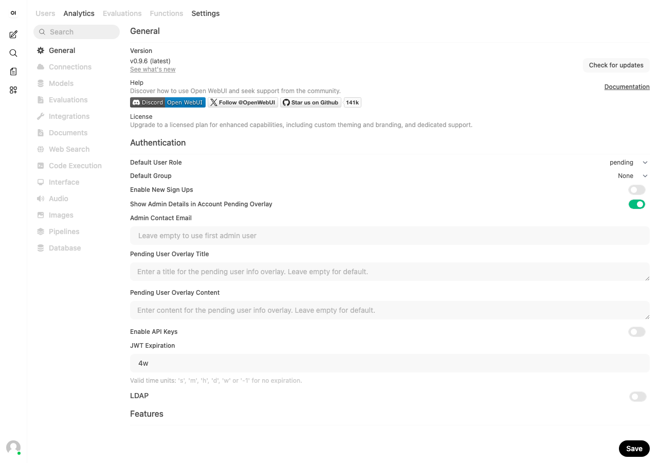 Open WebUI 管理設定画面（v0.9.6 実撮影）