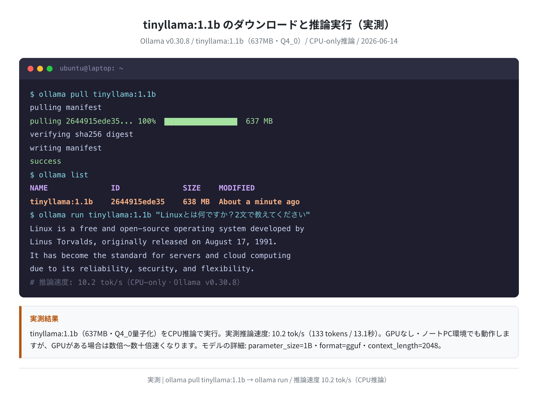 tinyllama:1.1b 推論実行(CPU 実測 平均 28.7 tok/s)