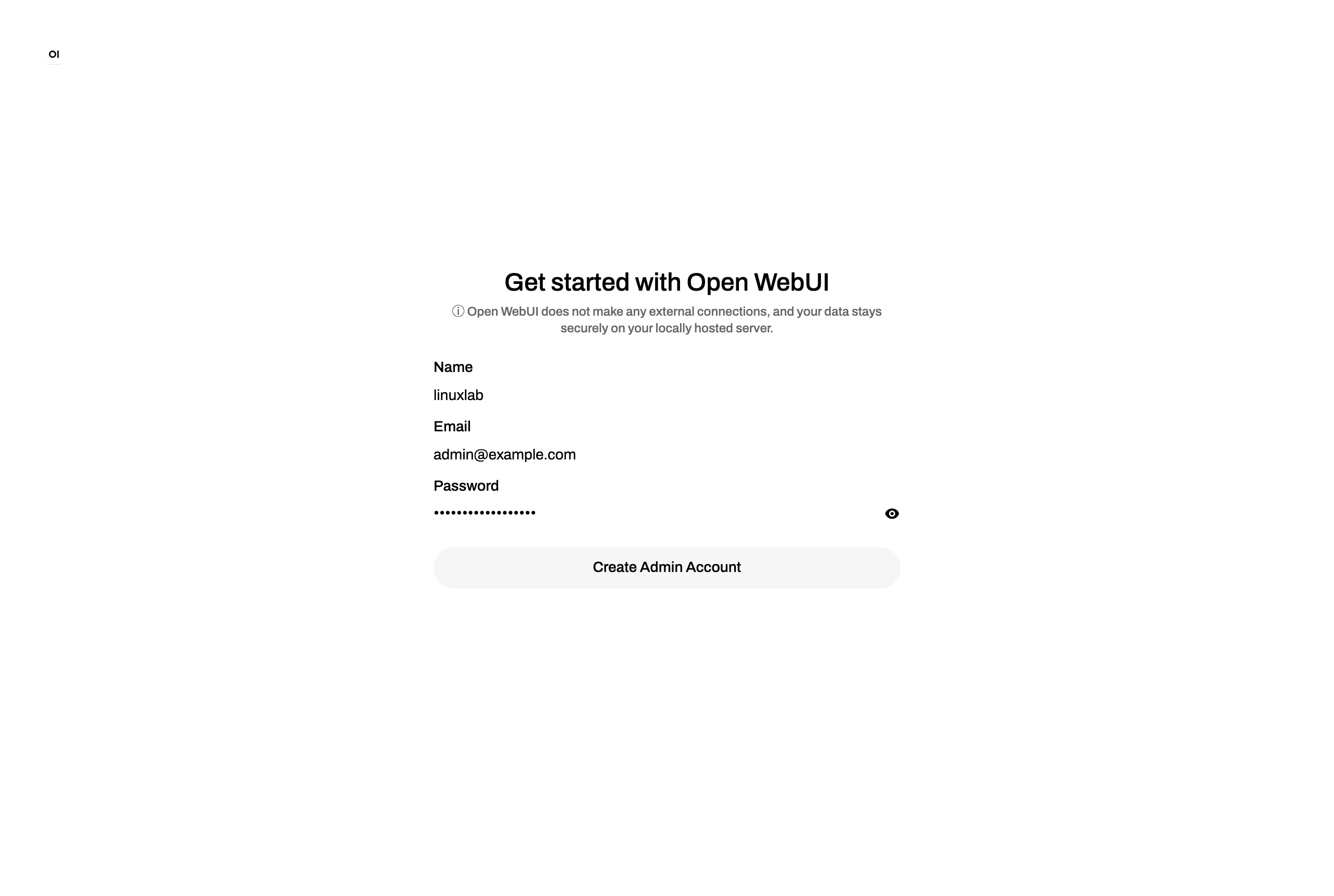 Open WebUI v0.9.6 の管理者アカウント作成画面