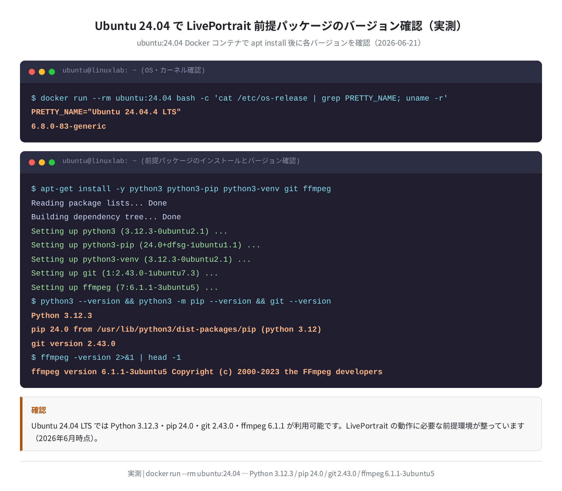 Ubuntu 24.04 での前提パッケージ確認(実測)